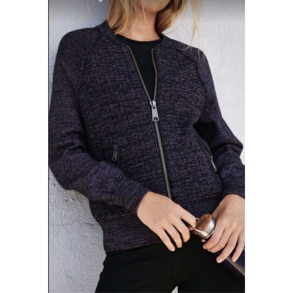 Free People Naomi Women Size Medium Purple Black Knit Bomber Jacket Sweater Zip
